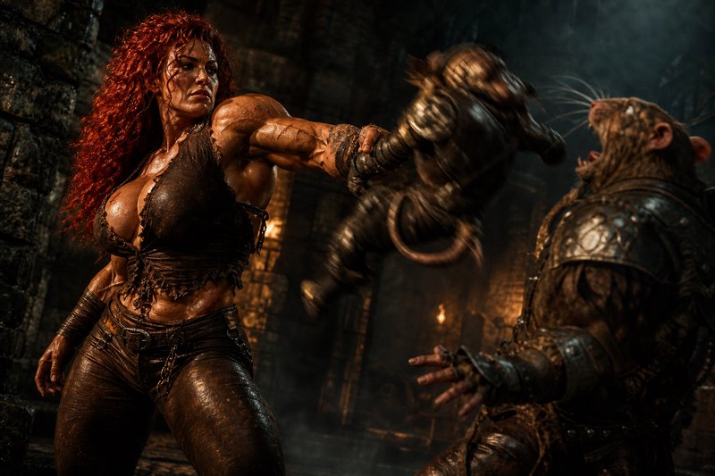 Muscular red-haired fantasy barbarian woman hurls an armored ratfolk foe at another skaven enemy in a dark torchlit dungeon