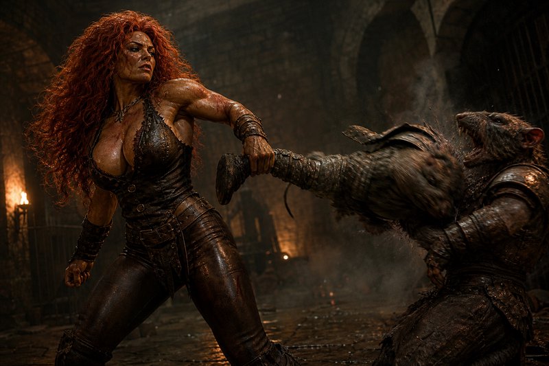 [Muscular red-haired female barbarian swings a weapon at an armored rat-like monster in a dark torch-lit stone dungeon.]