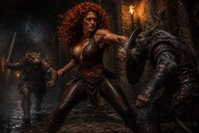 [Curly red-haired female fantasy warrior fights armored rat humanoid foes in a torchlit stone dungeon]