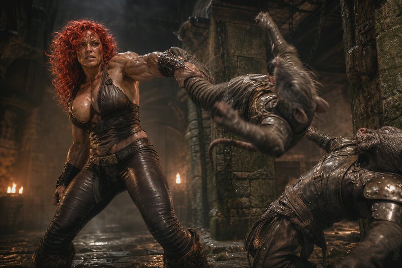 [Muscular red-haired fantasy warrior throws armored ratfolk foes in a misty torchlit stone dungeon]
