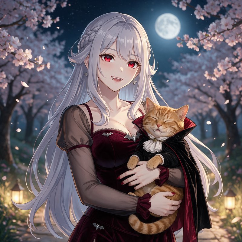 Anime silver-haired vampire girl holds a tiny costumed vampire orange cat in a moonlit cherry blossom grove