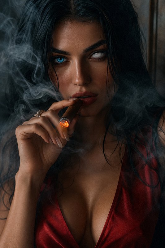 Close-up portrait of a woman with heterochromatic eyes holding a lit cigar, wispy smoke curling around her dark hair