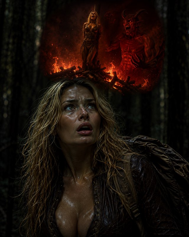 [Terrified sweaty blonde woman in a dark forest experiences a supernatural vision of burning at a stake beside a horned re...