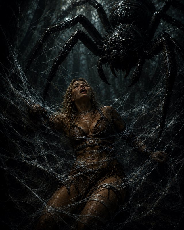 [Terrified woman tangled in glistening spider web as a massive menacing giant spider looms over her in a dark misty forest]