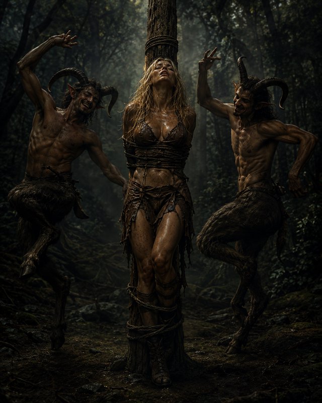[Bound blonde woman tied to a wooden post, flanked by dancing horned satyrs in a dark misty ancient forest]
