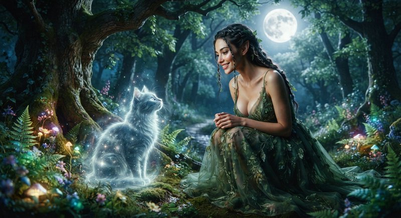 Elven woman in leafy green gown smiles at glowing spirit cat in a moonlit enchanted forest