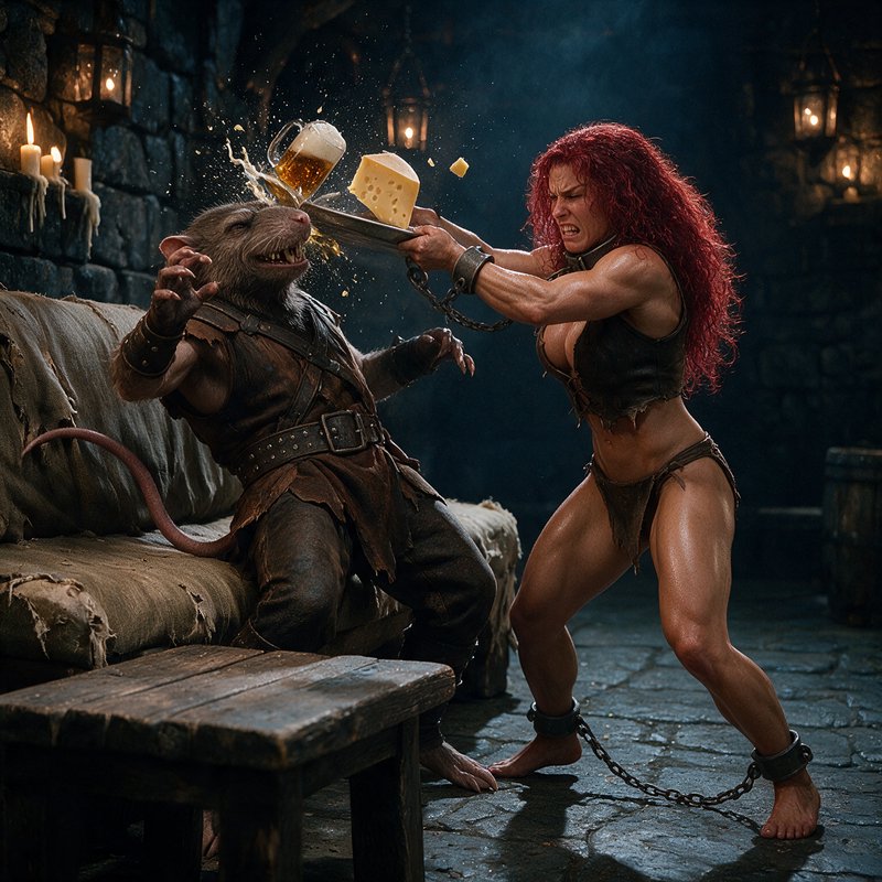 [Enraged chained red-haired barbarian woman slams a beer and cheese tray into an anthropomorphic rat man in a dark stone d...