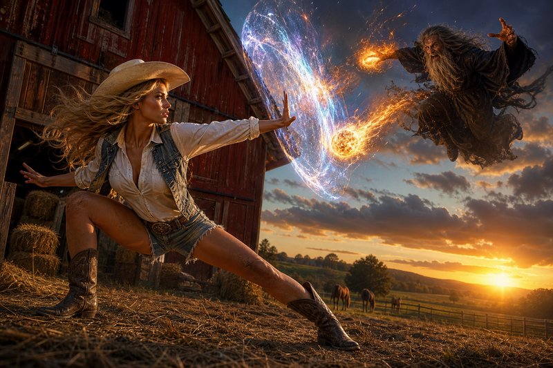 [Cowgirl conjures a glowing magic shield to block fire attacks from a floating wizard outside a farm barn at sunset]