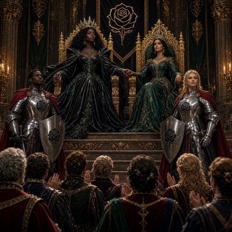 [Two crowned queens sit on gilded thrones holding hands, flanked by armored knights, as court nobles applaud in an ornate ...