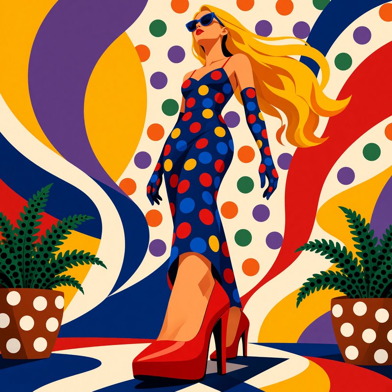 [Vibrant pop art illustration of glamorous blonde woman in polka dot dress against bold patterned background]