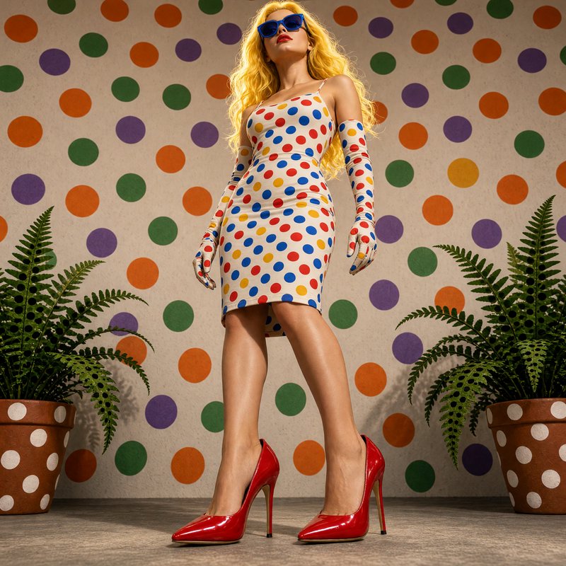Blonde model in matching polka dot dress, red heels, and blue sunglasses stands between potted ferns against dotted wallpa...