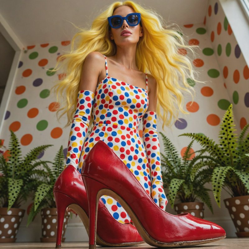 Low-angle shot of a blonde woman in a polka dot dress standing behind oversized glossy red stiletto heels in a colorful do...