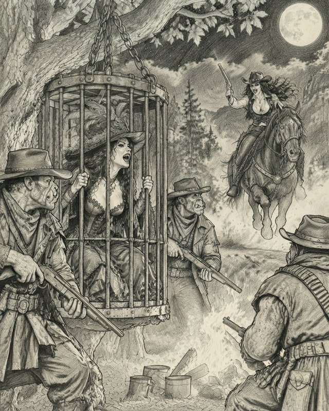 Monochrome pencil sketch of weird west fantasy scene: caged captive woman, orc cowboy guards, rescuing cowgirl on horse