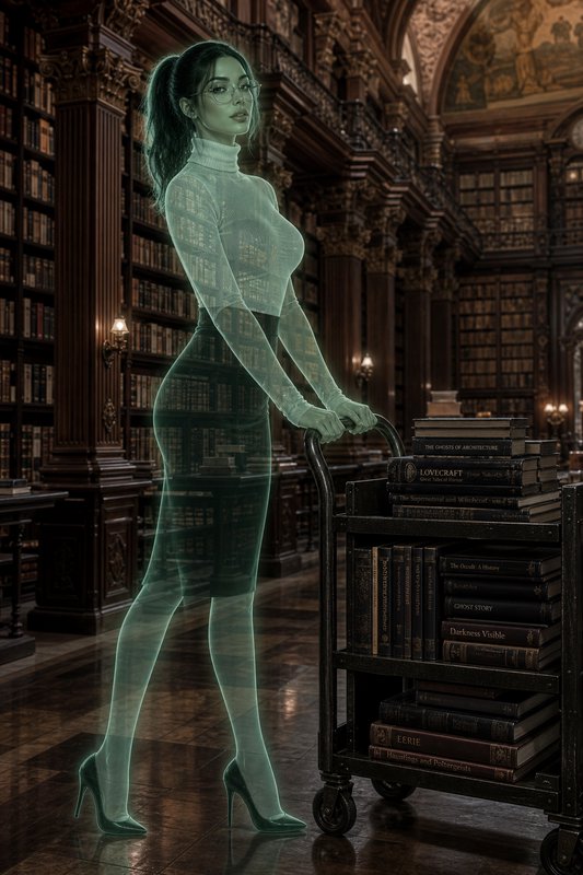 Semi-transparent glowing green ghost librarian pushing a book cart in an ornate historic wood library