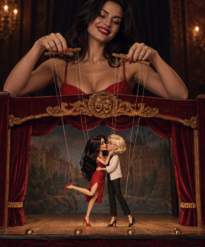 Smiling female puppet master operates a kissing marionette couple on an ornate vintage puppet theater stage.
