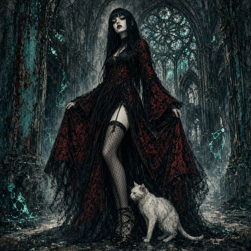 Gothic woman in ornate black and red lace gown stands beside a white cat inside a crumbling medieval cathedral interior