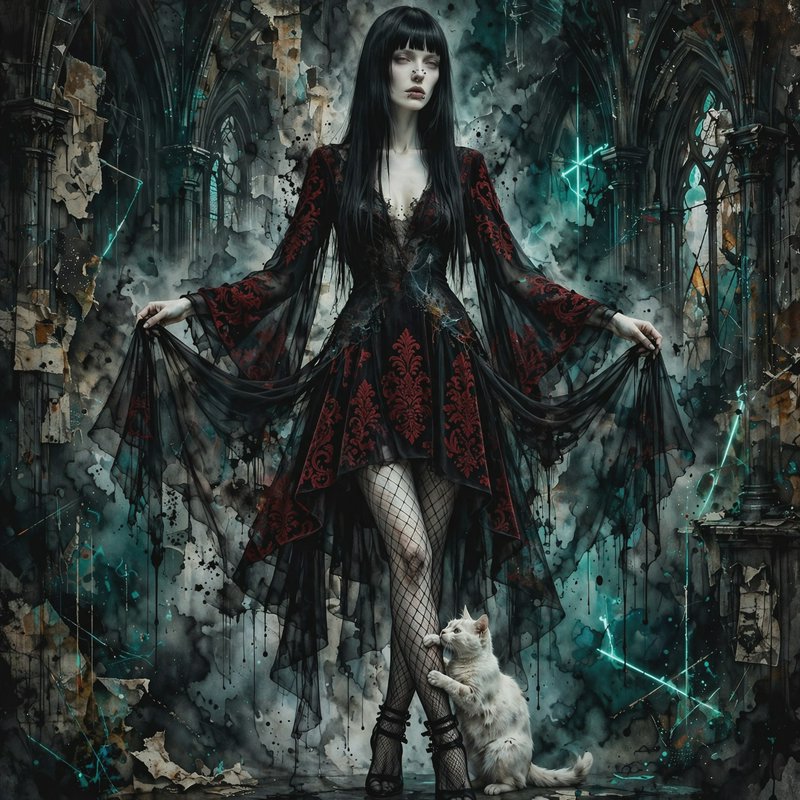 Tall pale gothic woman in embroidered black-red gown stands with a fluffy white cat in a crumblin...