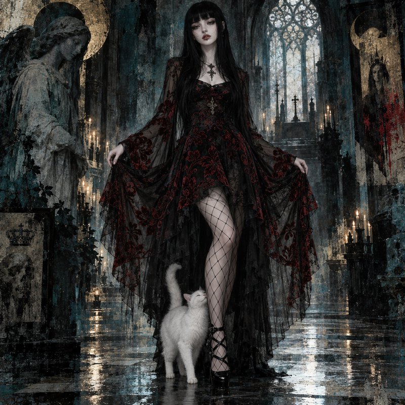 Gothic woman in black red lace gown stands with affectionate white cat in crumbling candlelit cat...