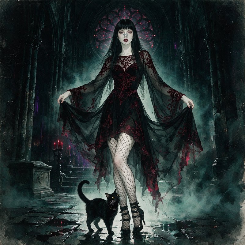 Gothic woman in dark embroidered gown stands beside a black cat in a misty shadowy cathedral inte...