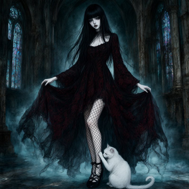 Pale raven-haired goth woman in a dark lace gown stands with a fluffy white cat in a misty abando...