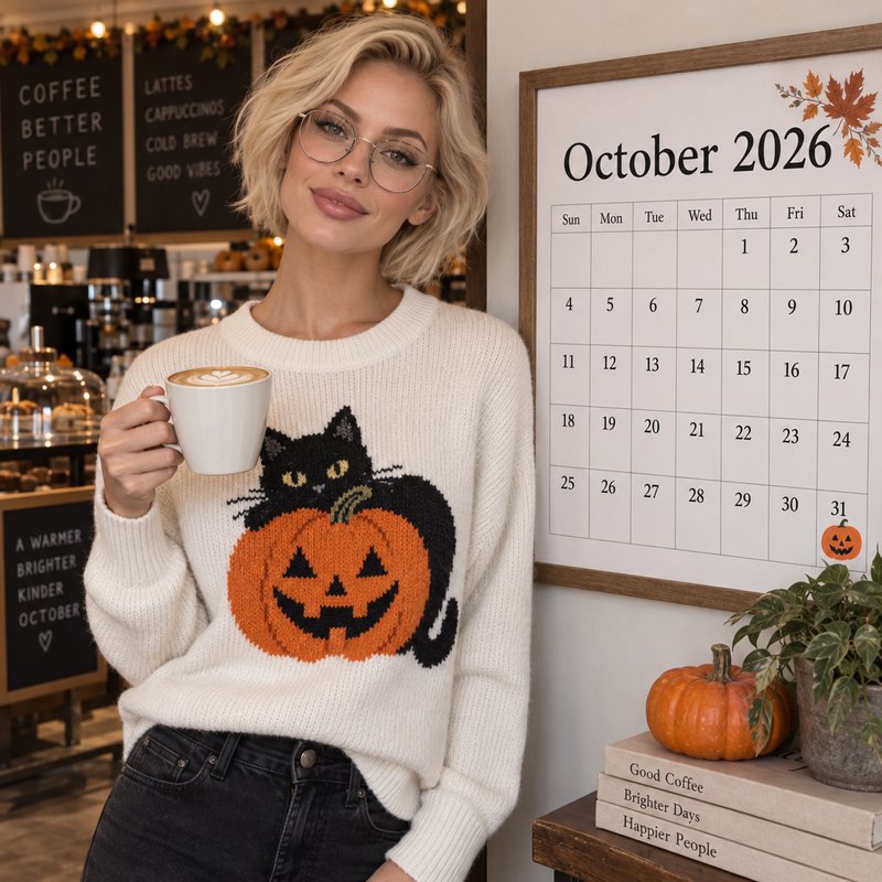 Woman in Halloween cat pumpkin sweater holds a latte next to an October 2026 calendar in a cozy f...