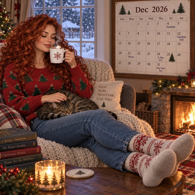 Woman in festive Christmas sweater sips hot cocoa while a tabby cat naps on her lap in a cozy hol...