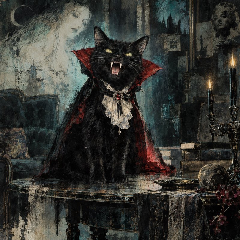 [Hissing black cat in a vampire Dracula cape sits on an ornate table in a haunted gothic interior]