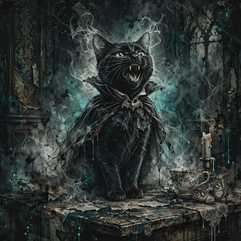 Gothic black vampire cat hissing in a tattered cape, seated on a rotting table in a cobweb-covere...