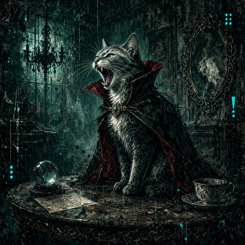 Tabby cat in a red-lined black vampire cape yawns, seated on an ornate table in a dark decaying g...