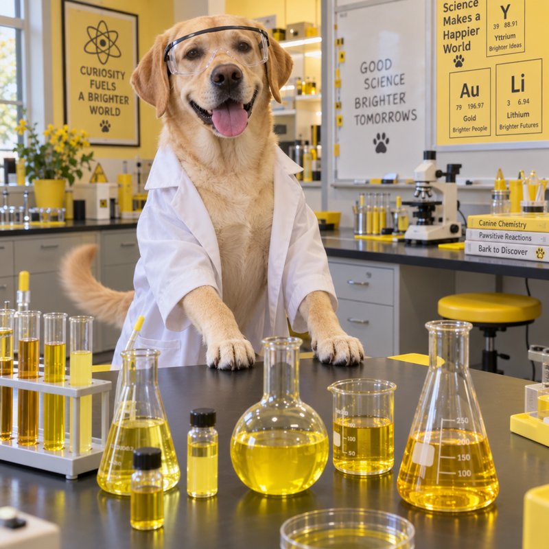 Smiling golden retriever in lab coat and safety goggles standing at a bright chemistry lab bench with glass labware