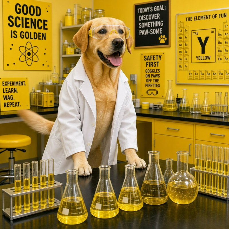 Happy golden retriever wearing lab coat and safety goggles stands in a bright yellow themed scien...