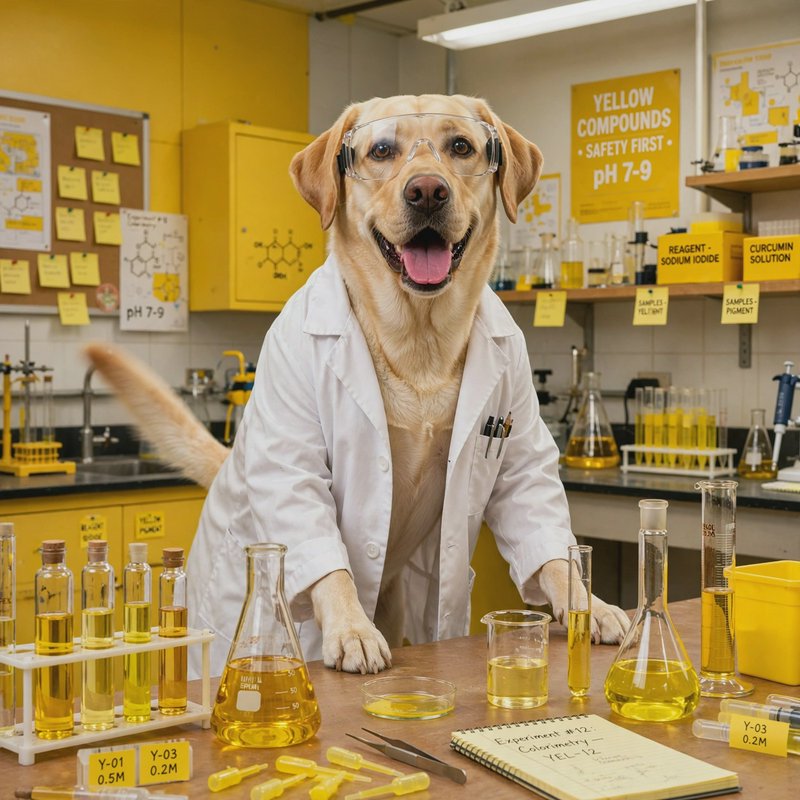 Happy yellow Labrador retriever in a lab coat and safety goggles stands at a chemistry lab workbe...
