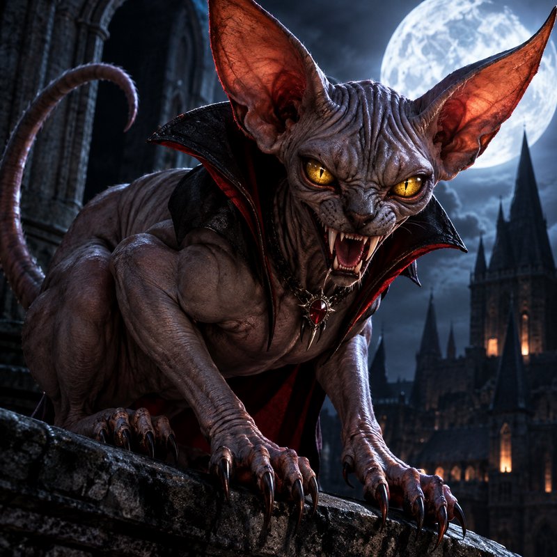 Snarling hairless Sphynx vampire cat perched on a stone castle ledge, fangs bared, under a bright...