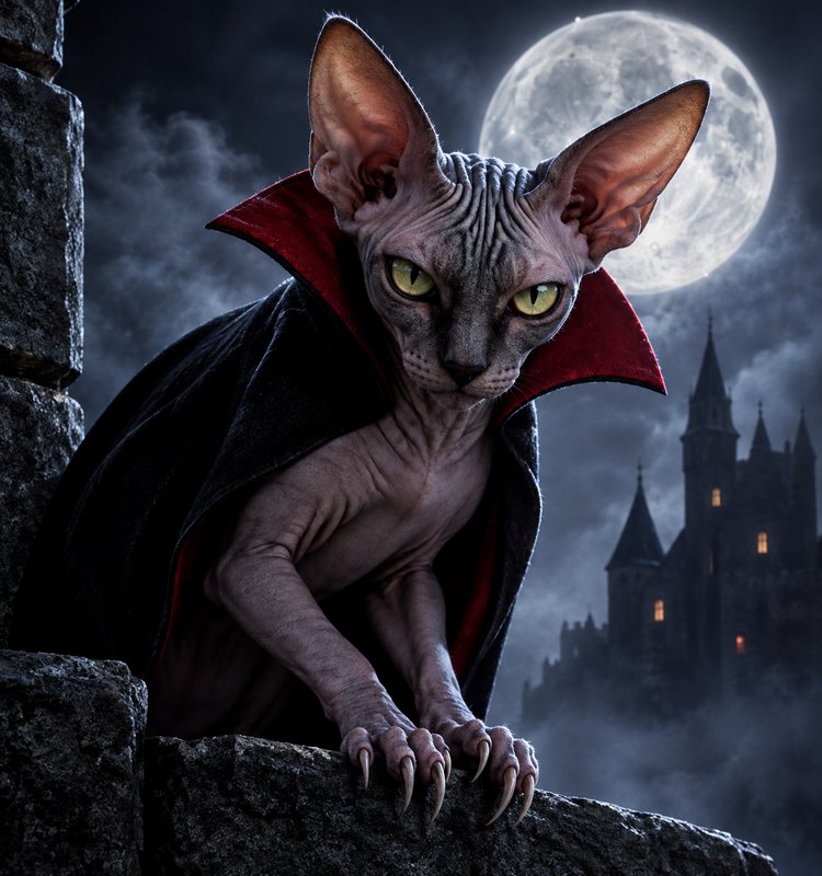 Hairless Sphynx cat in a vampire cape perches on a stone castle ledge under a full moon, spooky g...