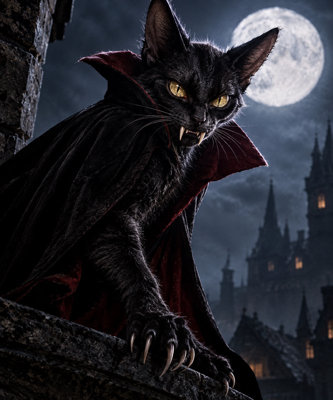 Menacing vampire black cat in a red-lined cape perches on a stone castle ledge under a glowing fu...