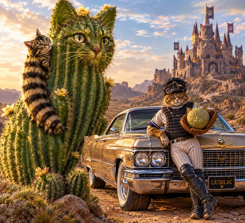 Surreal cat-themed desert fantasy: cat saguaro cactus, baseball catcher cat, golden Catdilac, cat...
