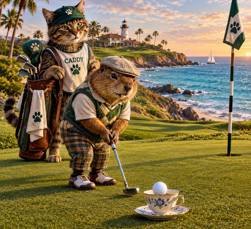 Anthropomorphic gopher golfer and tabby cat caddy on a scenic coastal golf green at golden sunset