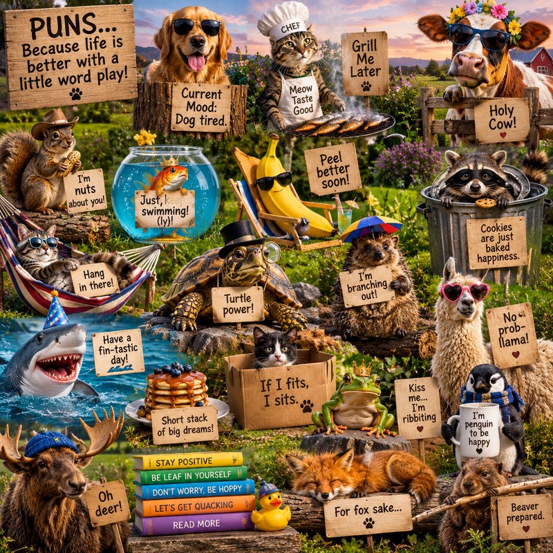 Whimsical collage of anthropomorphic animals and playful objects holding humorous pun signs in a ...