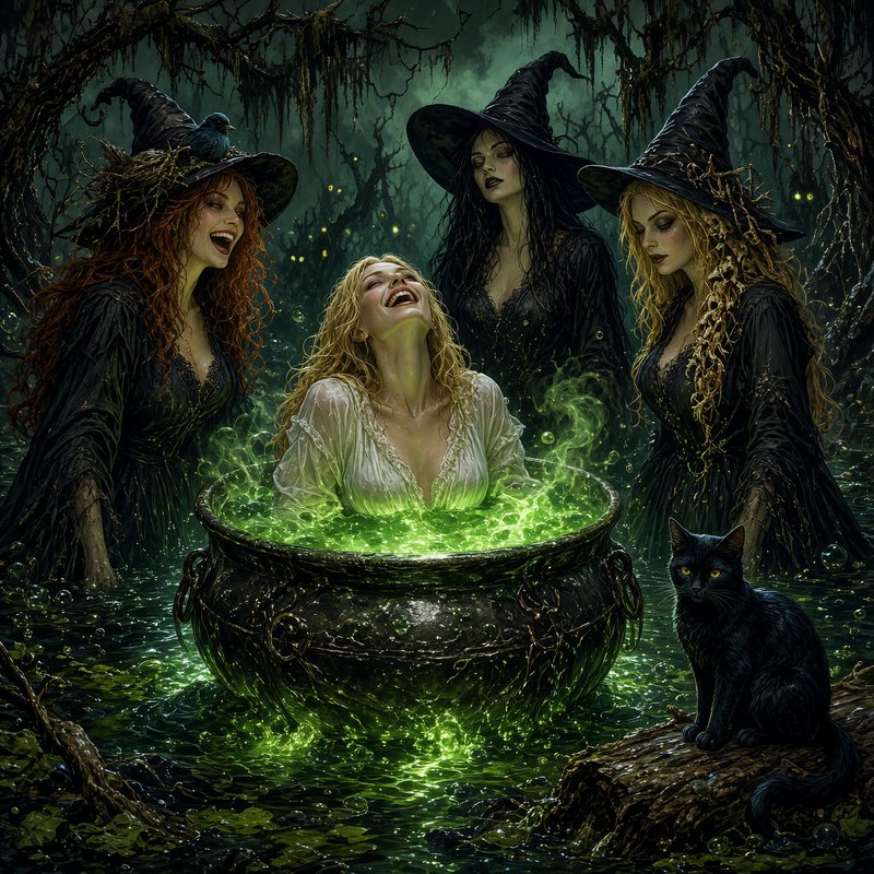 Four hatted witches gather around a glowing bubbling green cauldron in a misty swamp, a laughing ...