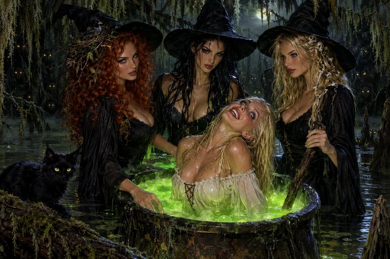 Three witches in pointed black hats stand around a bubbling green cauldron holding a cackling wom...