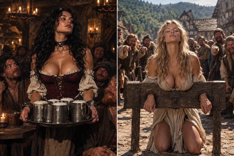 Side-by-side diptych of medieval fantasy scenes: left tavern server with beer tray, right woman k...