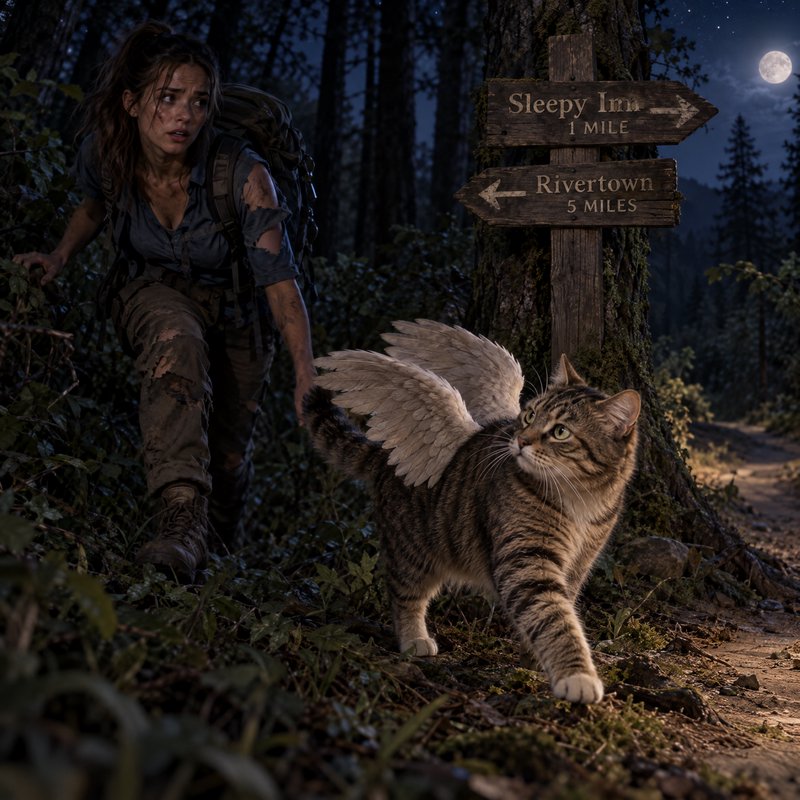 Winged tabby cat leads a weary backpacking hiker along a moonlit forest trail beside a wooden dir...