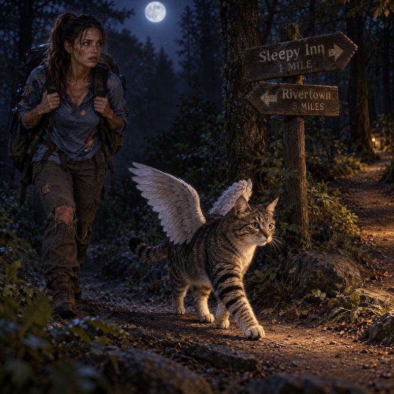 Winged tabby cat leads a weary backpacking woman down a moonlit forest trail beside a wooden dire...