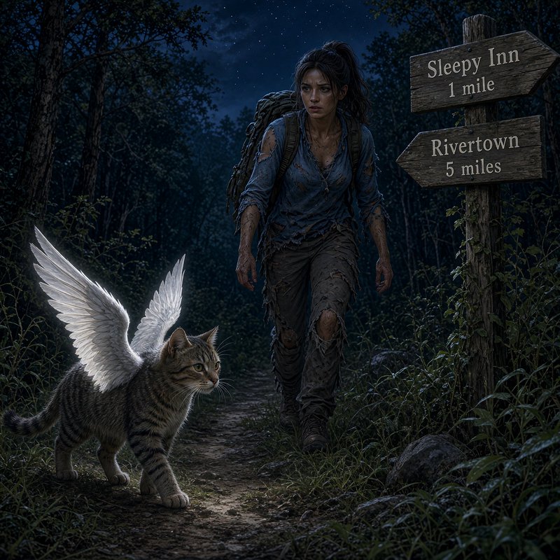 Luminous winged tabby cat leads a weary hiker down a dark starry forest trail beside a wooden dis...