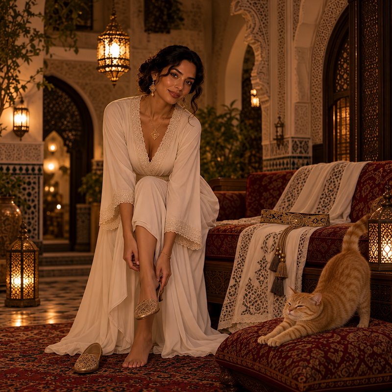 Elegant woman in ivory lace kaftan adjusts gold slippers beside a stretching ginger cat in an ornate Moroccan riad.