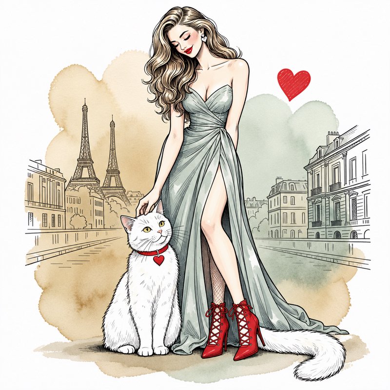 Elegant woman in sage evening gown pets a heart-collared white cat, romantic Paris Eiffel Tower skyline illustration