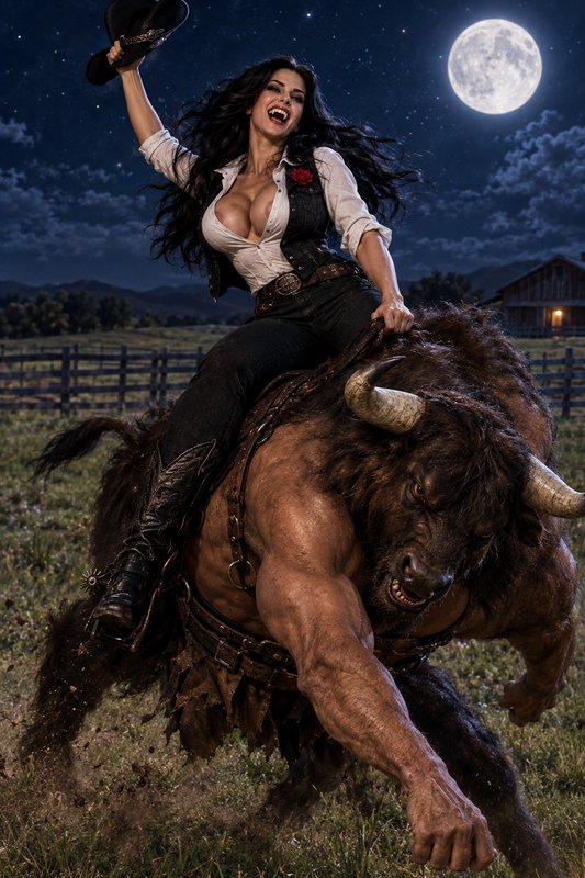 Cheering cowgirl waves her hat while riding a muscular minotaur under a bright full moon on a moonlit ranch pasture