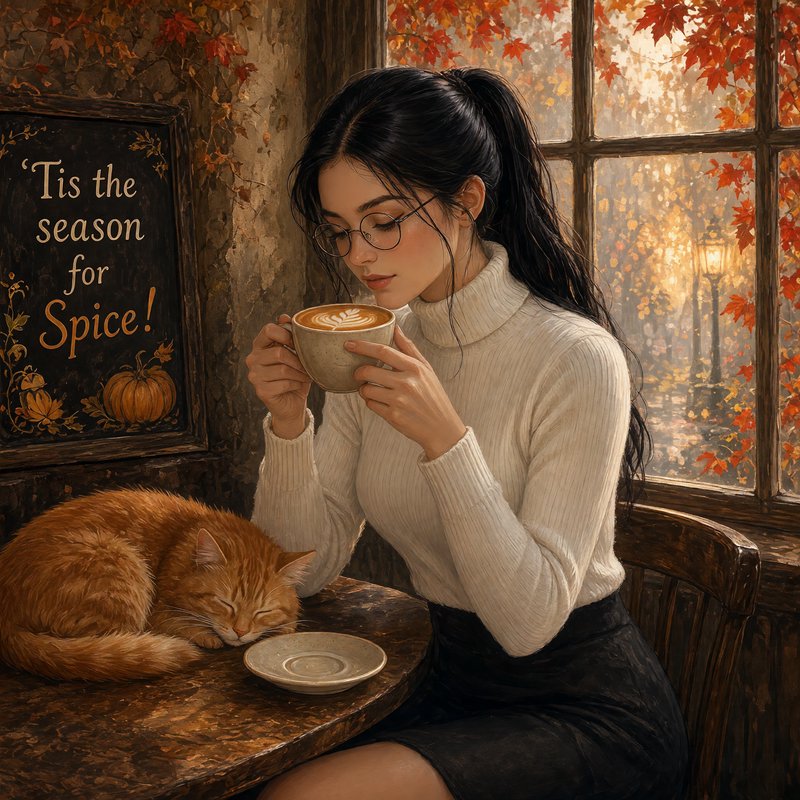 Young woman sipping a spiced latte at a cozy autumn cafe table beside a sleeping orange tabby cat
