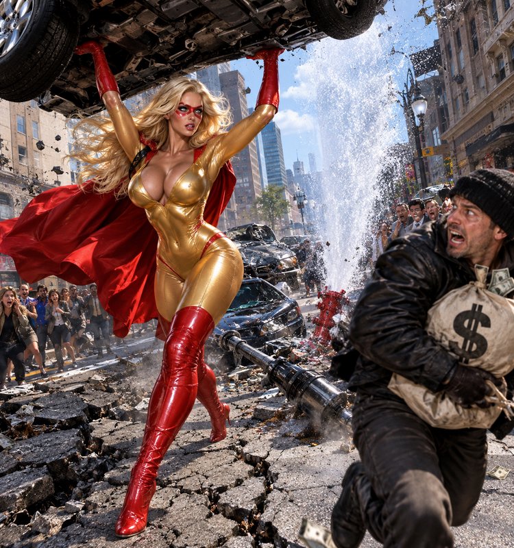 Powerful superheroine in gold suit lifts a car to stop a fleeing robber on a damaged city street