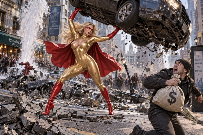 Powerful superheroine in gold bodysuit lifts a car over a crumbled city street as a panicked robber flees